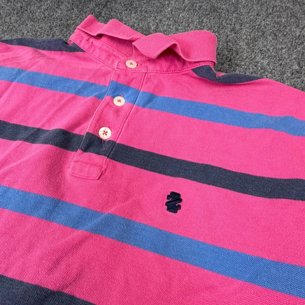 VTG Izod Mens Size L Large Pink Blue Navy Striped Pique Polo Shirt Short Sleeve